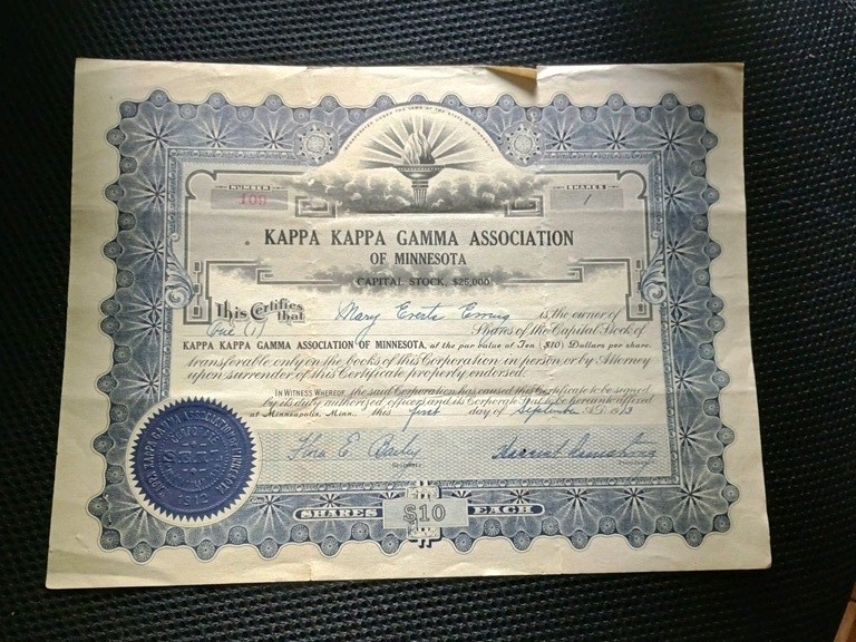 Vintage 1913 Kappa Kappa Gamma Assn of Minnesota Cert capital stock Scripophily
