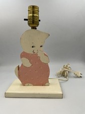 VTG Hand Painted Cat Folk Art Wooden Lamp Cottage Century Wood Corp Antique E1