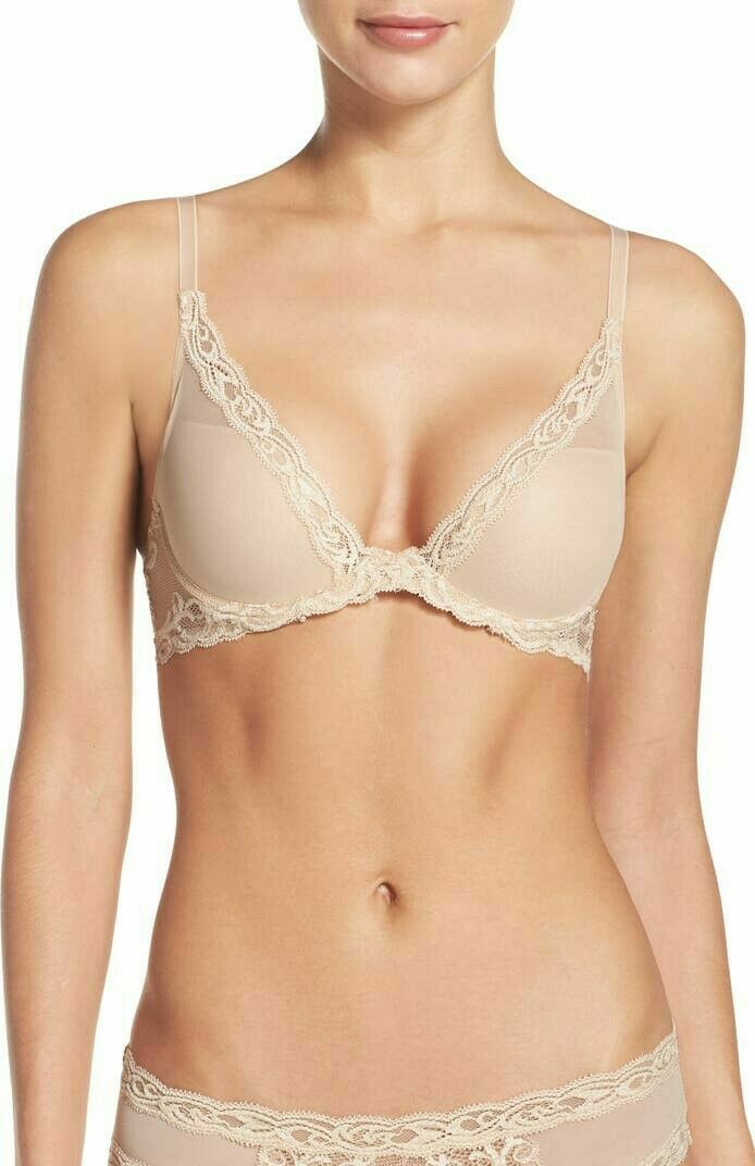 Natori Feathers Underwire Lace Plunge Bra Deep Contour Nude 34G DDDD