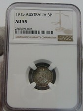 Choice AU Key Date 1915 Silver 3 Pence Australia NGC AU55. Only 10 Graded Higher