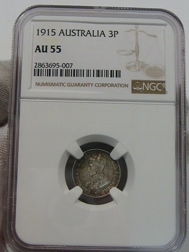 Choice AU Key Date 1915 Silver 3 Pence Australia NGC AU55. Only 10 Graded Higher
