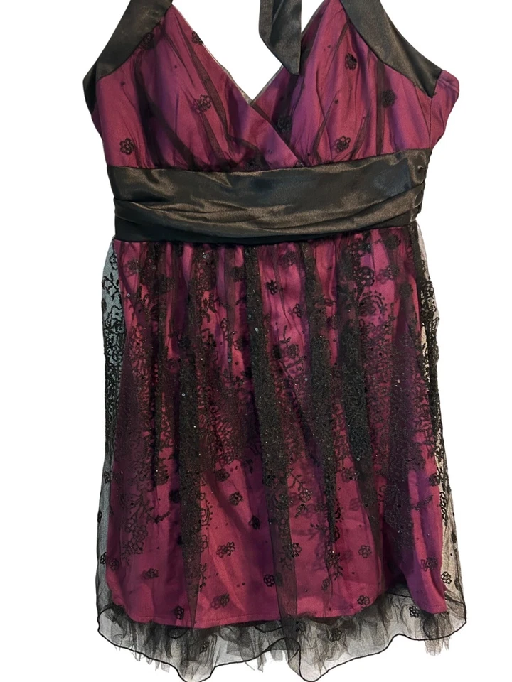 Love Tease Halter Dress Black Purple Lace Overlay Size 9 Fairlygoth Whimsigoth - Image 2 of 4