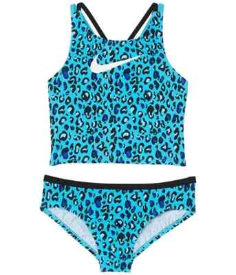 Nike L125412 Kids Blue Cheetah Spiderback Midkini Swim Set Size XL