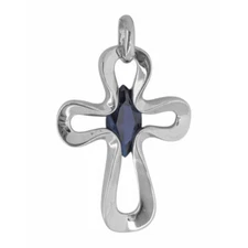 Authentic 925 Sterling Silver Blue Cubic Zirconia Large Cross Religious Pendant