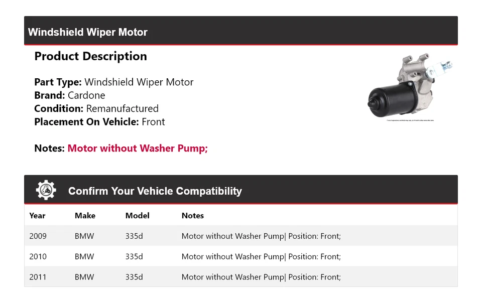 Motor limpiaparabrisas delantero cardone 2010 BMW 335d 2009-2011 Foto 2 de 4
