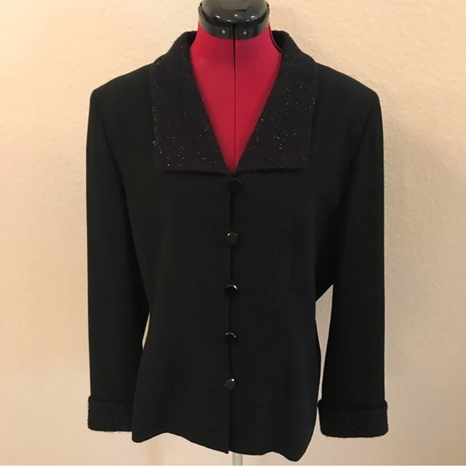 Blazer Kasper ASL para mujer talla 14 negro manga larga botón delantero acento metálico Foto 3 de 4