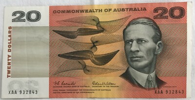 AUSTRALIA 1966 . 20 DOLLARS BANKNOTE . FIRST PREFIX XAA . WET INK ...