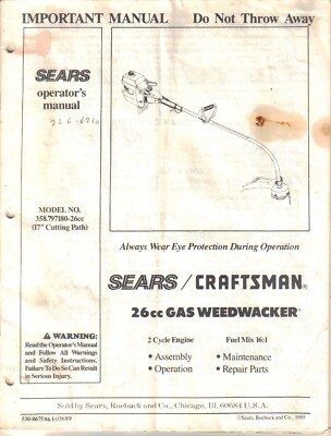Owner Manual Instruction Sears Craftsman 26cc Gas Weedwacker Trimmer ...