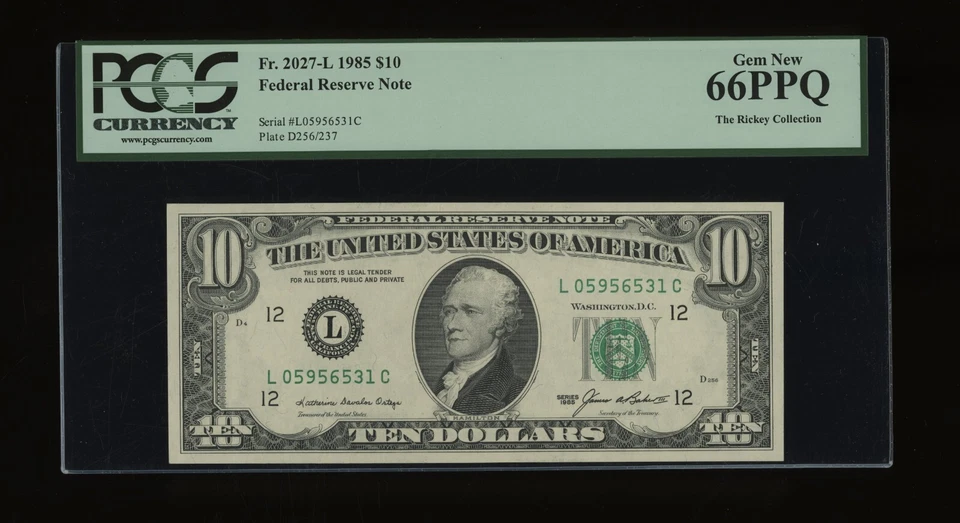 DBR 1985 $10 FRN San Francisco Gem Fr. 2027-L PCGS 66 PPQ Serial L05956531C - Image 2 of 2