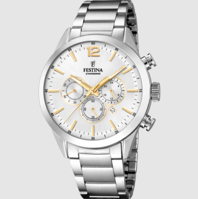 Festina Herrenuhr Stahl Armband und Zifferblatt versilbert Chrono _F20343-1