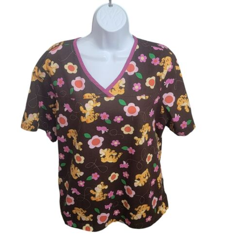 Disney Scrub Top, Women XL, Brown, Pink&Yellow w/Tigger Print,Slash Pockets, EUC - Photo 3/14