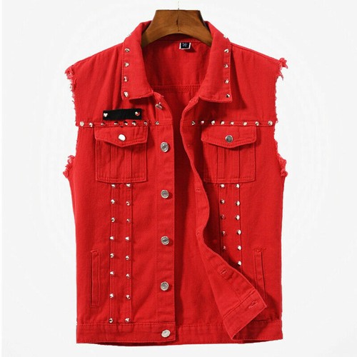 Mens Studded Denim Gilet Sleeveless Biker Jacket Shirt Waistcoat Jeans Punk Cool - Picture 13 of 14
