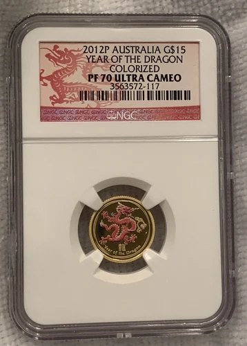 2012 GOLD $15 Proof Australia EAGLE LUNAR DRAGON Ngc PR70 RARE Colorized PF 70