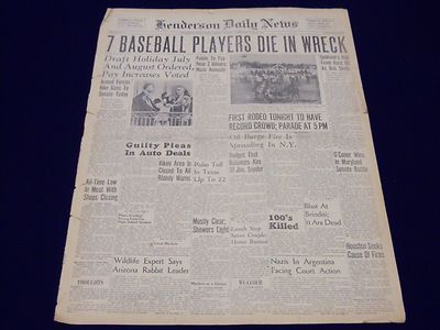 1946 JUNE 25 HENDERSON DAILY NEWS NEWSPAPER - 7 BASEBALL PLAYERS DIE - UP 68