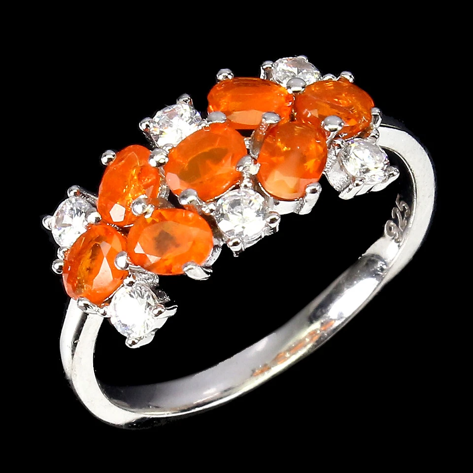 925 Anello Argento Sterling Ovale Arancione Opale di Fuoco Non Scaldato Gemma - Immagine 2 di 4
