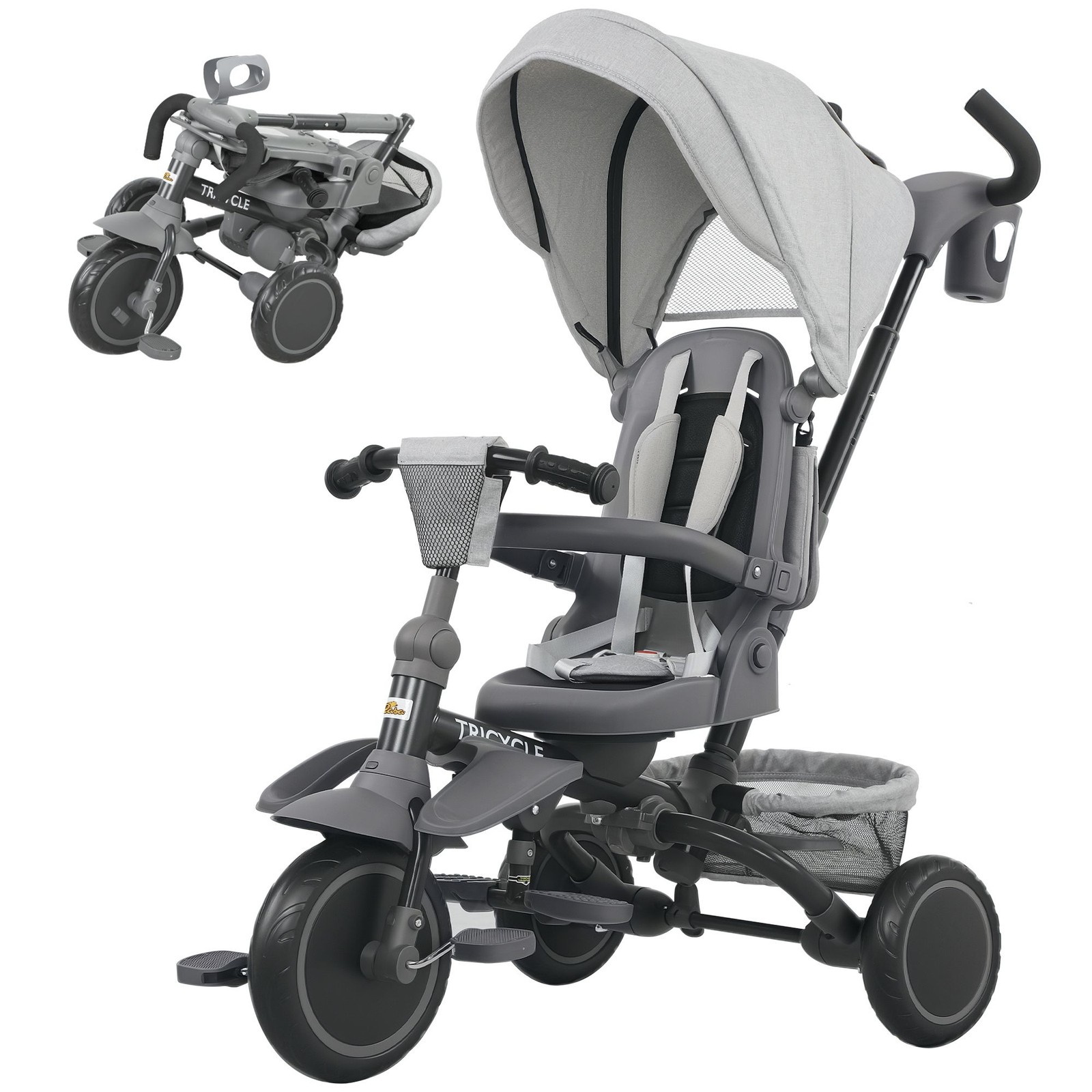 6 in 1 Kids Tricycle with Adjustable Push Handle, Removable 