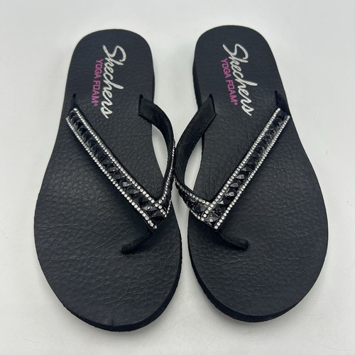 Skechers Sandals Womens 10 Yoga Foam Embellished Flip Flop Thong Black Read - Picture 1 of 9
