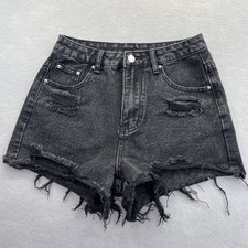 Shein Jean Shorts Womens Size M Black Distressed Denim High Rise Frayed Hem 6