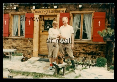 Dackel auf Hocker vor Holzhütte 1968 - Teckel Dachshund 1960er - Foto 8x6cm