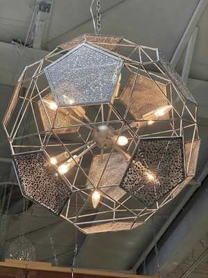 Silver Metal Round Geometric Pattern 12 lights Chandelier Pendant Lamp
