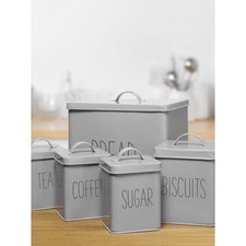 5pc Grey Kitchen Canister Set Bread Bin Biscuit Tin Tea Coffee Sugar Storage Set