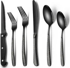 EWFEN Black Hammered Silverware Set with Steak Knives, 24-Piece Stainless Steel