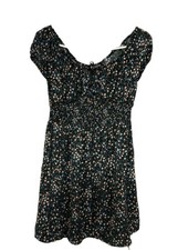 Floral Smocked Tie Neck Short Sleeve Sundress Black Multicolor Size M