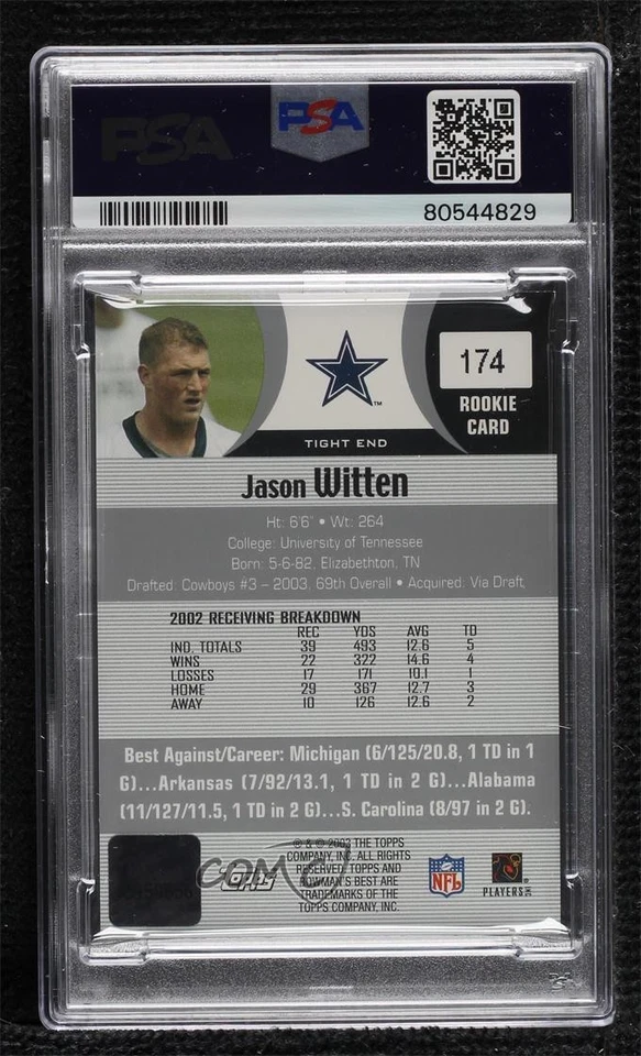 2003 Bowman's Best Jason Witten #174 PSA 8 Rookie Auto RC - Image 2 of 2