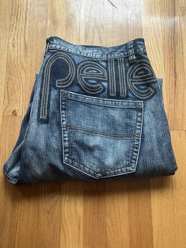 Pelle Pelle Men's Blue Denim Jeans Straight Leg Mid Rise Logo 5-Pocket 46