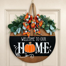 Fall Welcome Sign for Front Door, round Wooden Fall Door Hanger with Pumpkin