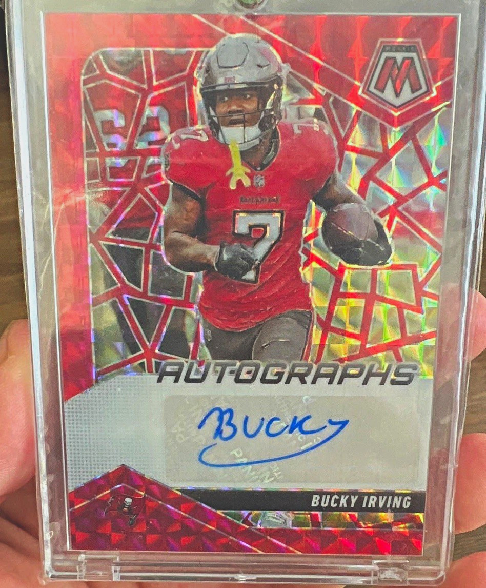Panini 2025 Mosaic Autographs Mosaic Red Prizm Bucky Irving AMC-BIG Bucs 1/199