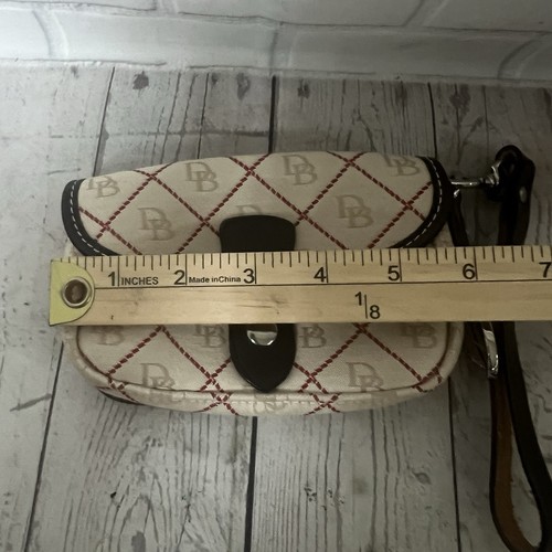 Dooney & Bourke Snap Slap sac portefeuille bracelet jacquard bordure cuir année 2000 crème - Photo 9/11