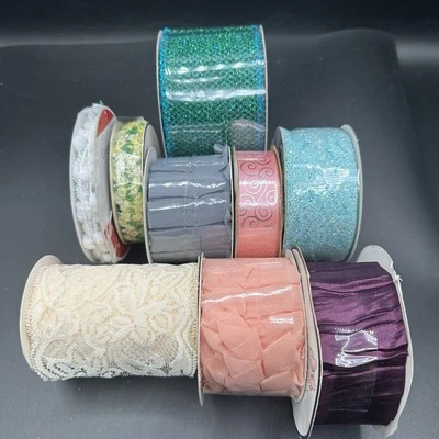Mixed Ribbon Trim Lot of 9 Lace Glitter Crinkle Cut Edge Satin Chiffon Ruffle - Image 1 of 4