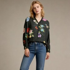 NWOT Johnny Was Blooming Seline Silk Floral BUTTON DOWN Shirt Blouse Size S