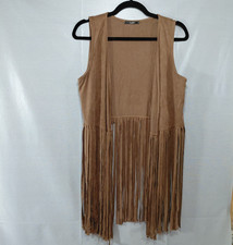 Papaya Faux Suede Fringe Long Vest Women's LG Brown Western Cowgirl Open Front