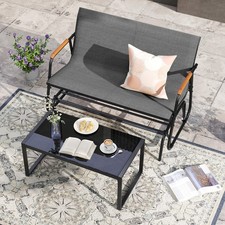 2-Person Outdoor Glider Bench w/Breathable Fabric Seat Teak Wood Armrests