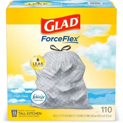 Glad 13 Gal. ForceFlex Tall Kitchen Drawstring Fresh Clean Scent (110-Count)