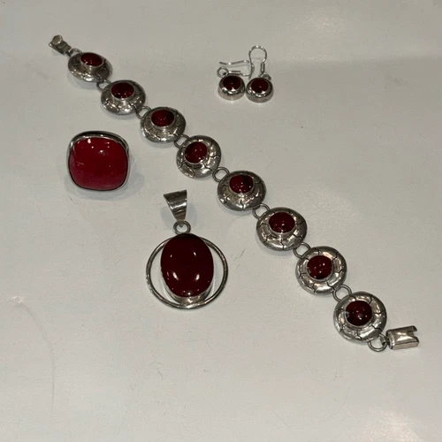4pc Red Jasper vintage Taxco Mexico earring, pendant, ring set sterling silver