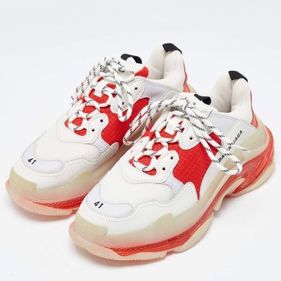 Balenciaga WhiteRed Leather and Mesh Triple S Clear Sole Sneakers