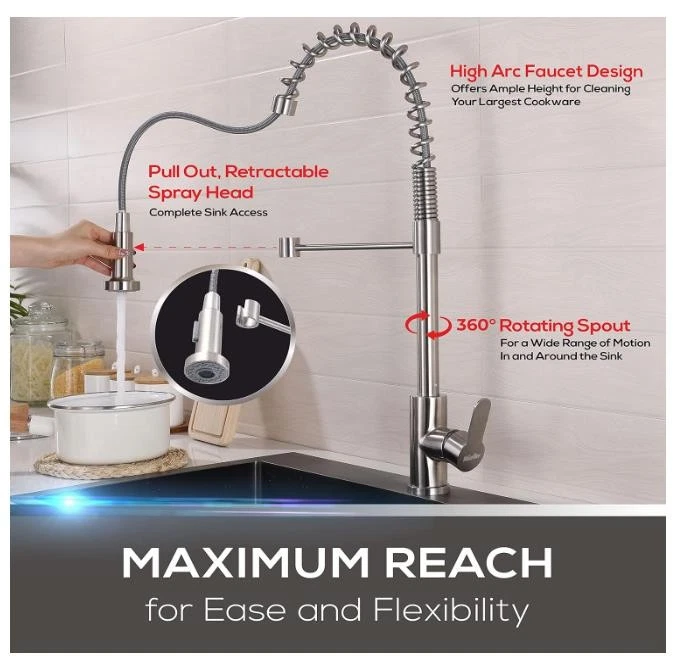 Grifo de fregadero de cocina de acero inoxidable de una sola manija Mueller arco alto, palanca simple Foto 4 de 4