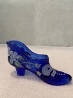 Fenton Cobalt Blue Glass Slipper - Hand Painted Floral - Signed Julee Drayer