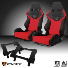 Fits 1979-1998 Ford Mustang Reclinable Racing Seat Black Red Suedebrackets