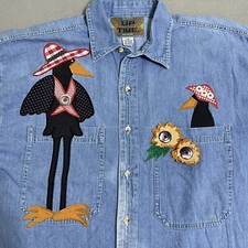 Vtg Womens Button Up Shirt Denim Applique Birds Crows Granny Core Farmer Hat Y2K
