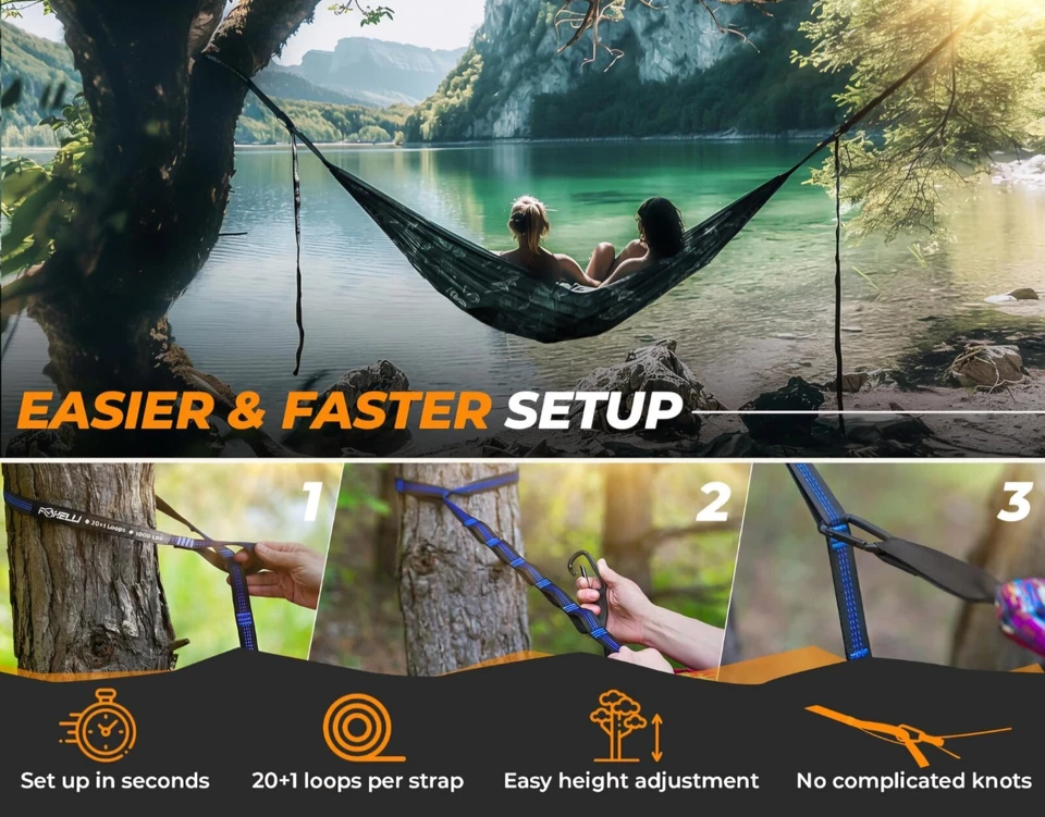 Foxelli Hammock Straps XL 20FT Long Combined, Heavy Duty No-Stretch.Black,  C8 - Image 2 of 4