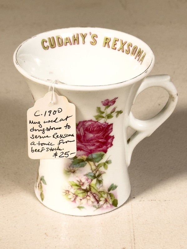 Antique Cudahy’s Rexsoma Advertising Mug c.1900 Floral Porcelain Drugstore Tonic
