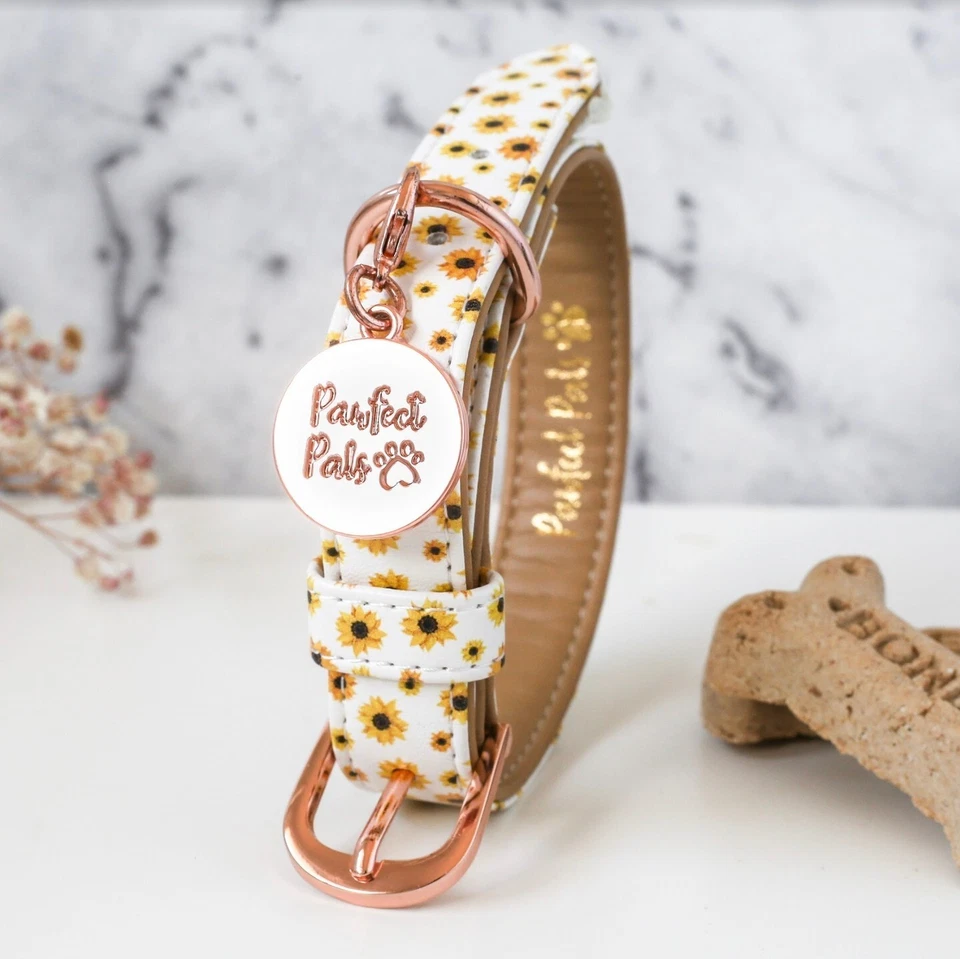 Sunflower Vegan Dog Collar PU Fake Leather Gold Buckle Hardware Puppy Matching - Image 4 of 4