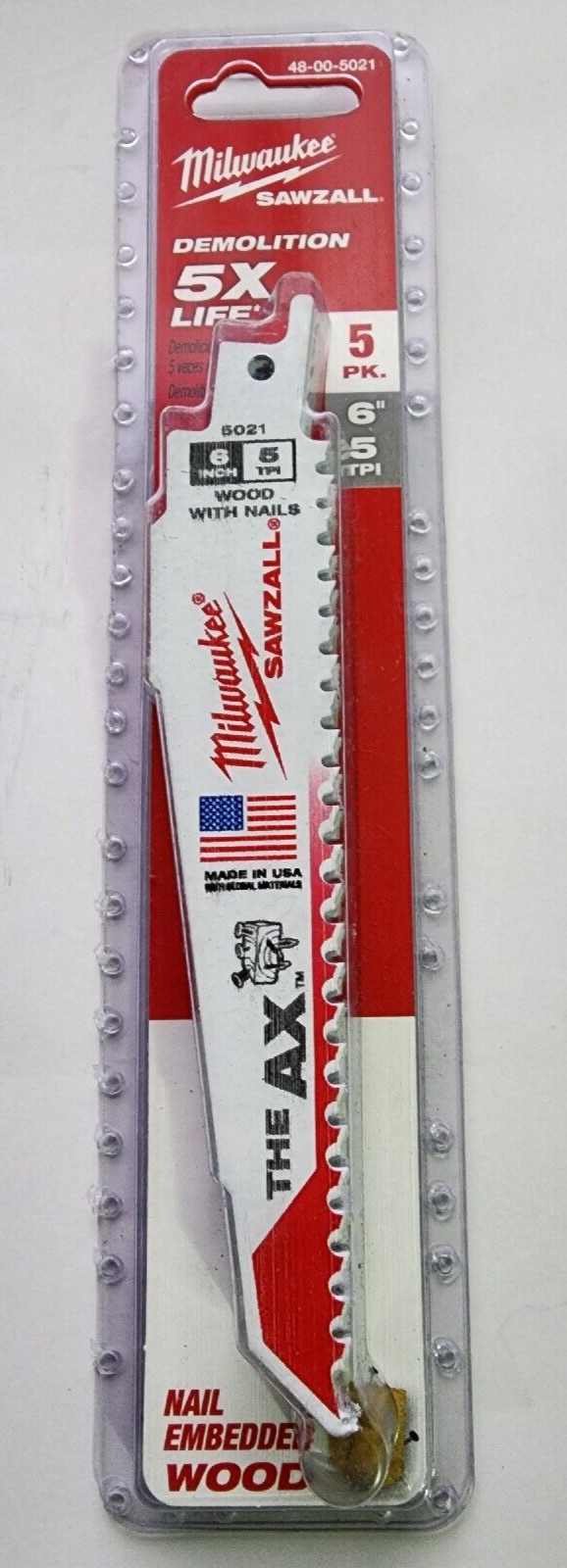 Milwaukee 6 in. 5 TPI AX Nail-Embedded Wood Cutting SAWZALL Reciprocating Saw Bl