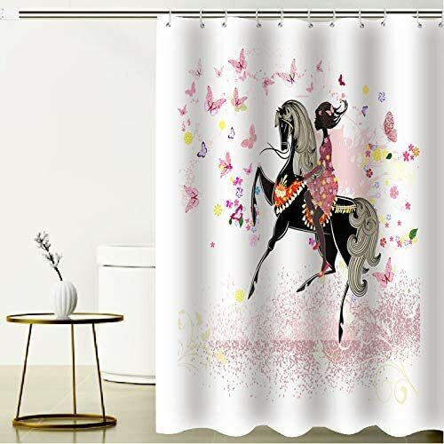 Girl Horse Butterflies Fabric Shower Curtain Bathroom Decor with 12 hooks - Afbeelding 1 van 5