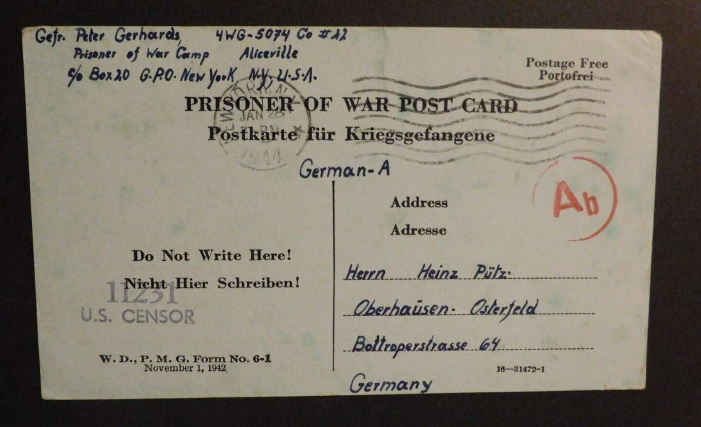 1944 Prisoner of War POW Postcard Camp Aliceville AL to Osterfeld Germany eBay