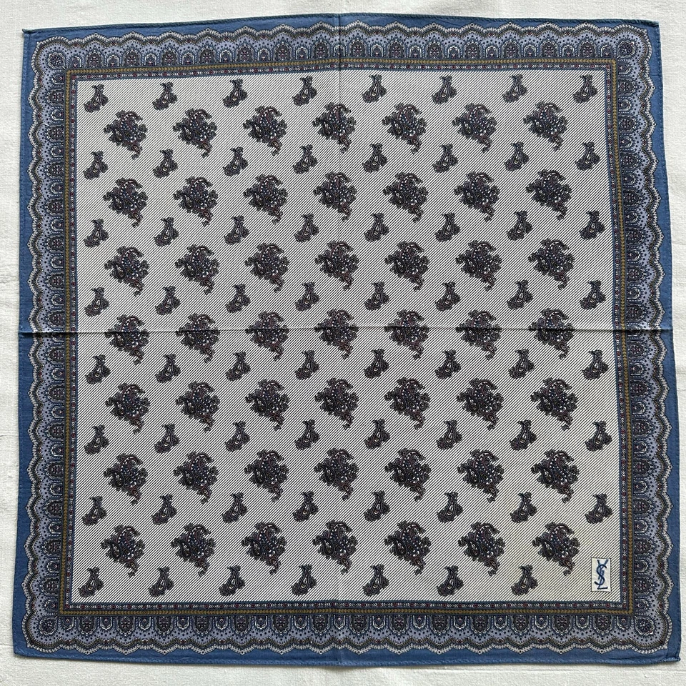 Pañuelo De Colección Azul Algodón Paisley y Línea Diagonal Patrón Bolsillo Cuadrado 19" Foto 2 de 3